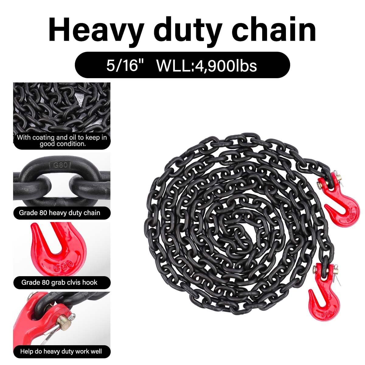 Lechansen Chain and Binders Kit 5/16" - 3/8", 2 Pack G80 Ratchet Load Binder 5/16" to 3/8", G80 Transport Chain × 20 Feet with G80 Hook, 5,400 lbs WLL Ratchet Binder and Chain for Towing, Hauling