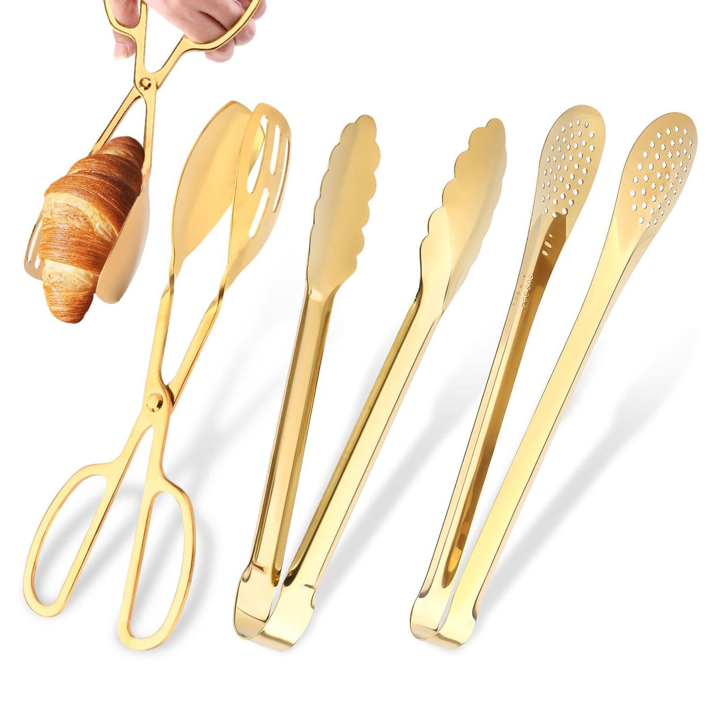 Serving Tongs,Stainless Steel Buffet Tongs, Kitchen Tongs Serving Utensils for Salad Buffet Appetizer Dessert Food Parties Wedding Party Catering, 3 Different Type Food Tongs(Gold)