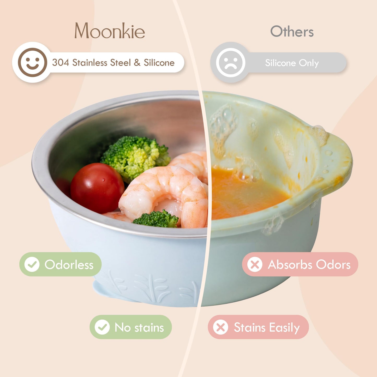 Moonkie Baby Bowls with Suction, Stainless Steel & Silicone Toddler Bowls with Lids, Seamless One-Piece Design Silicone Bowls for Babies 4 Months+, 13oz, BPA-Free, Lead-Free, Dishwasher Safe, 4 Pack