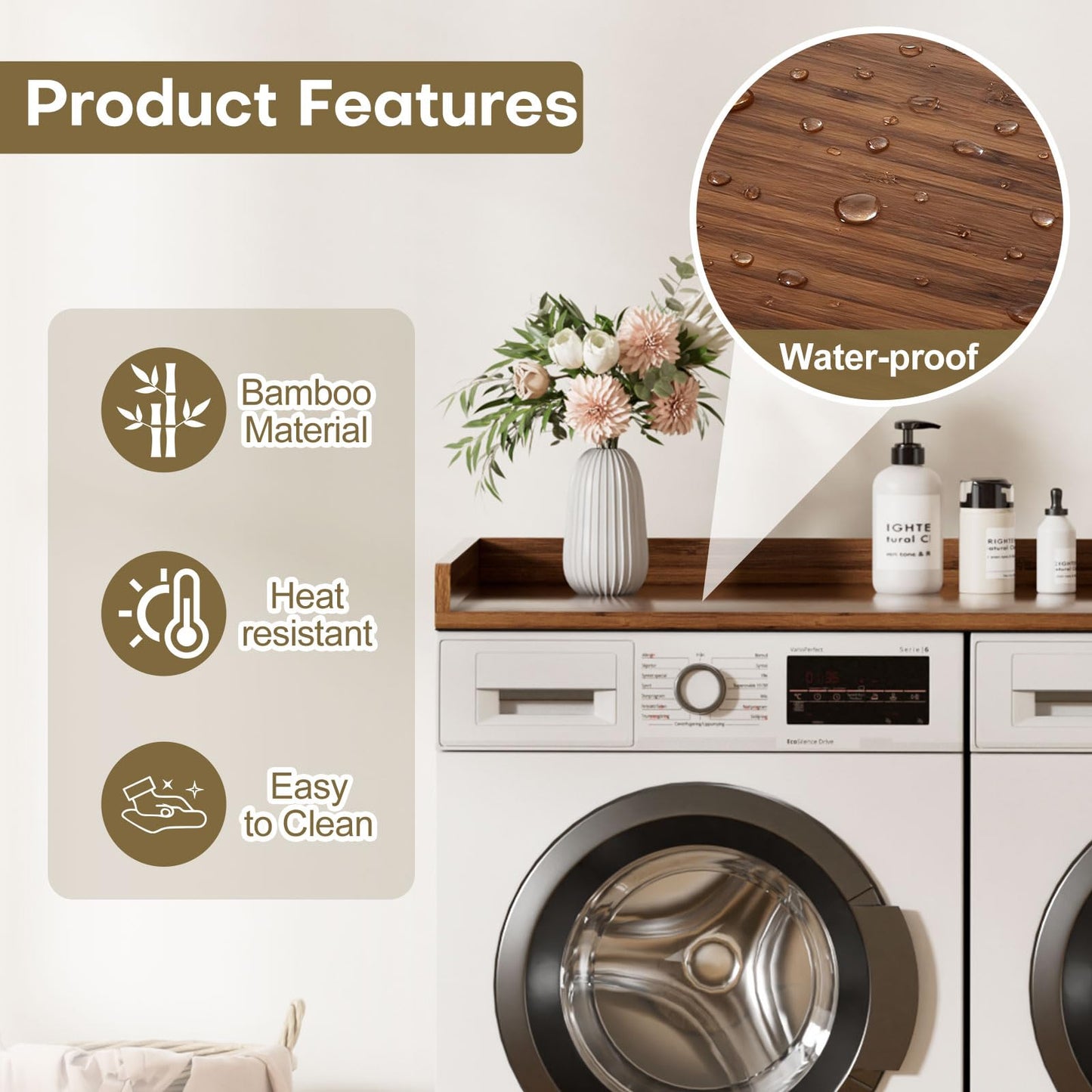 Cozivolife Washer Dryer Countertop, Laundry Topper with Edge Rails, 54" x 27.5" Bamboo Folding Station & Waterproof Surface, 220 lb Load Capacity for Laundry Room Organization(Walnut)