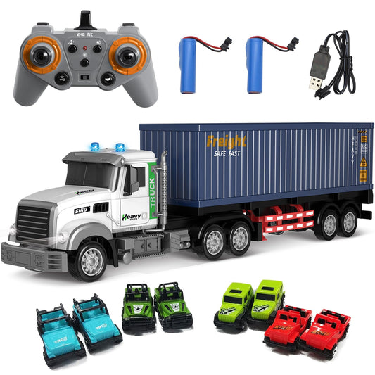 Mostop RC Semi Truck with Trailer, 23.6 Inch Remote Control Semi Truck Toy for Kids 3-8, 1:24 Scale Container Carrier Transport Vehicle with 2 Batteries, LED Lights & Sounds, Birthday Gift for Boys