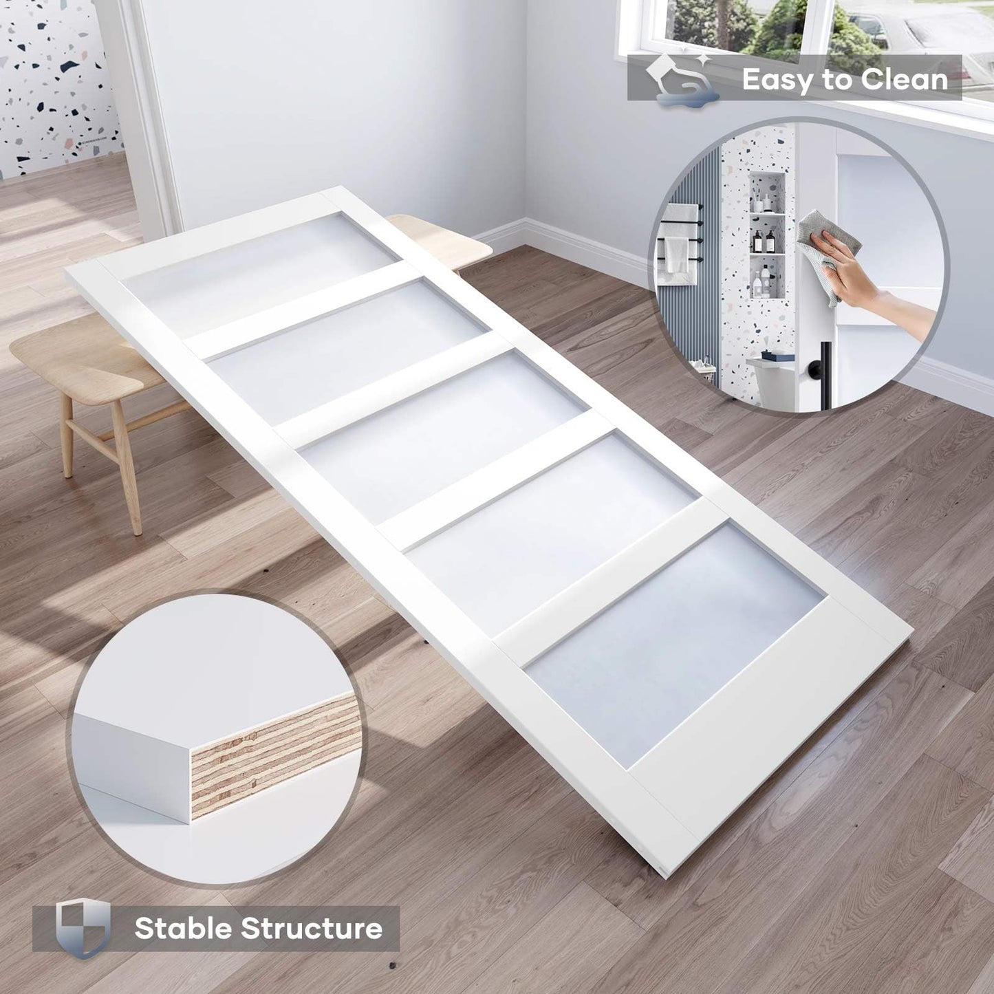 ROYMELO 40x84 Inch Glass Sliding Barn Door Slab and 7ft Hardware Kit Included, 5 Frosted Glass, LVL Wood Panel Covered with White Water-Proof Scratch-Proof PVC Surface, Simple DIY Assembly