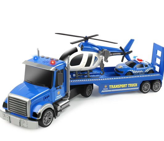 Dwi Dowellin 27" Large Friction Powered Police Truck Toy with Car and Helicopter,Semi Truck Toys for 3 4 5 6 Years Old Toddlers Kids Boys & Girls Gift