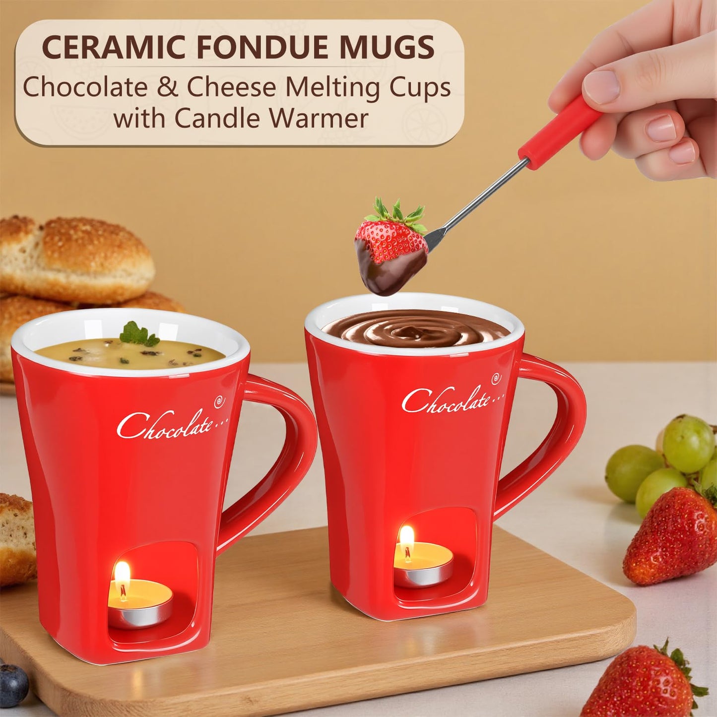 Fondue Pot Cup Set, Chocolate Melting Fondue Mugs with 2 Forks & 4 Tealights, Mini Red Ceramic Fondue Set for Cheese, Marshmallows, Sweet Fondue Cup for Date Night, Party, Wedding, or Holiday Gift