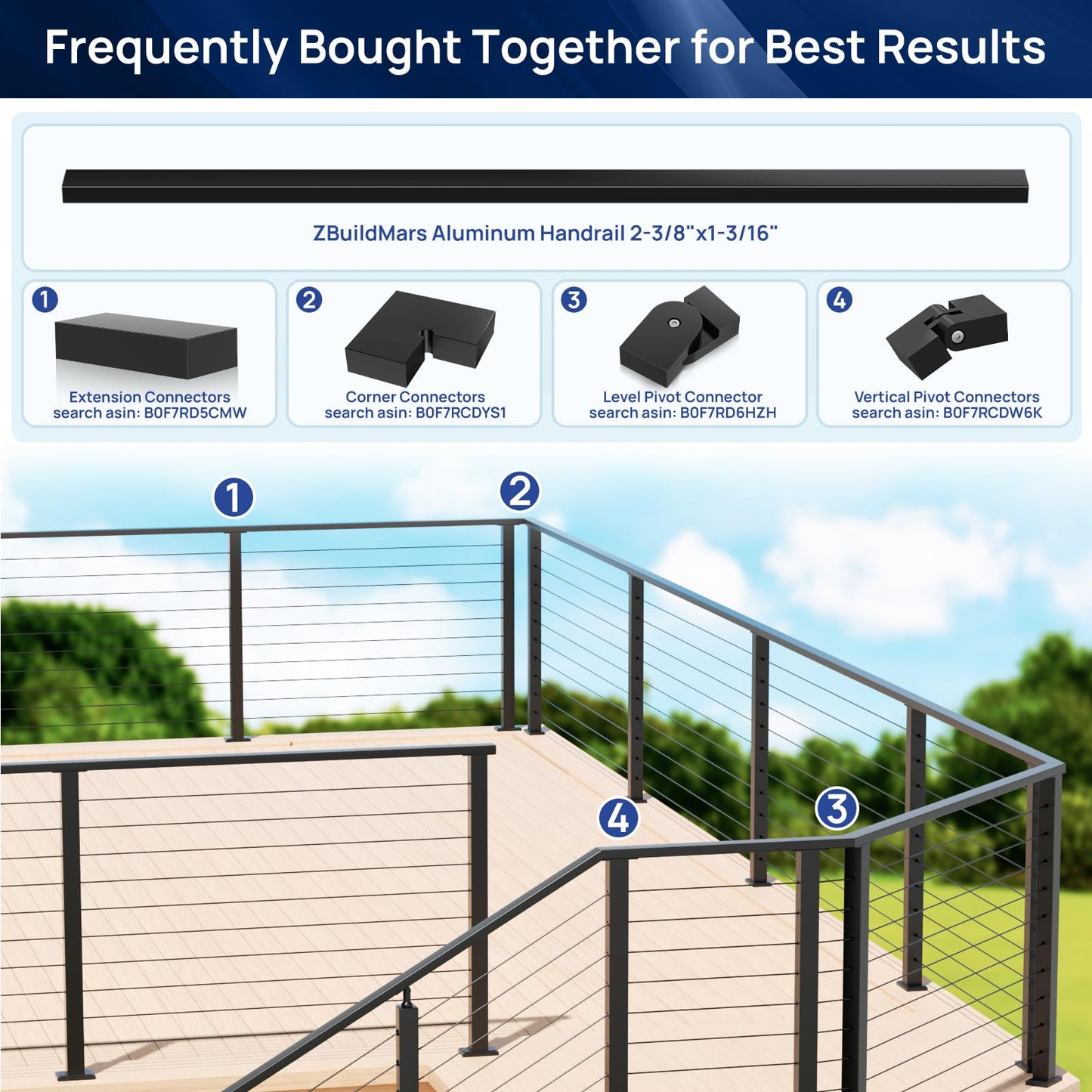 2 Pack 9FTx 2-3/8"x1-3/16 Aluminum Black Handrail with Self Drilling Screws Nylon End Caps, AAMA 2604 Coating, 3mm Thick Flat Handrail Cuttable Top Rail for Deck Stair Railing Indoor Outdoor