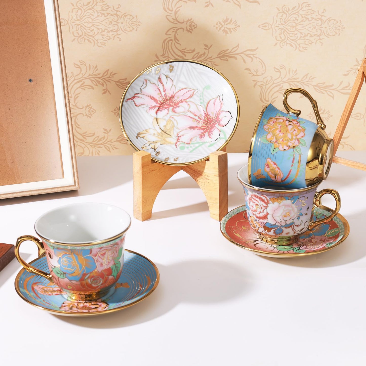 XRBEOU Tea Cups and Saucers, Tea Cup Set of 6, 8 OZ Floral Cups Porcelain Cup Set for Cappuccino, Coffee, Afternoon Tea Birthday Party Supply Housewarming Gift