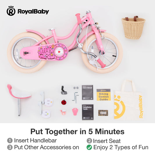 RoyalBaby Girls Bike, Stargirl EZ Kids Bike Balance and Pedal Bicycle with Basket, 14 Inch Toddlers to Big Kids 3-5 Years, Candy Pink