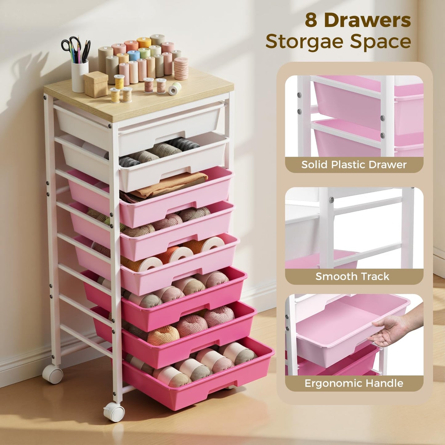 Rolling Cart with 8 Drawers, Plastic Drawer Storage Carts with Wheels & Wooden Tabletop, Metal Utility Cart Organizer for Bedroom Living Room Office Classroom Craft Organization and Storage, Pink