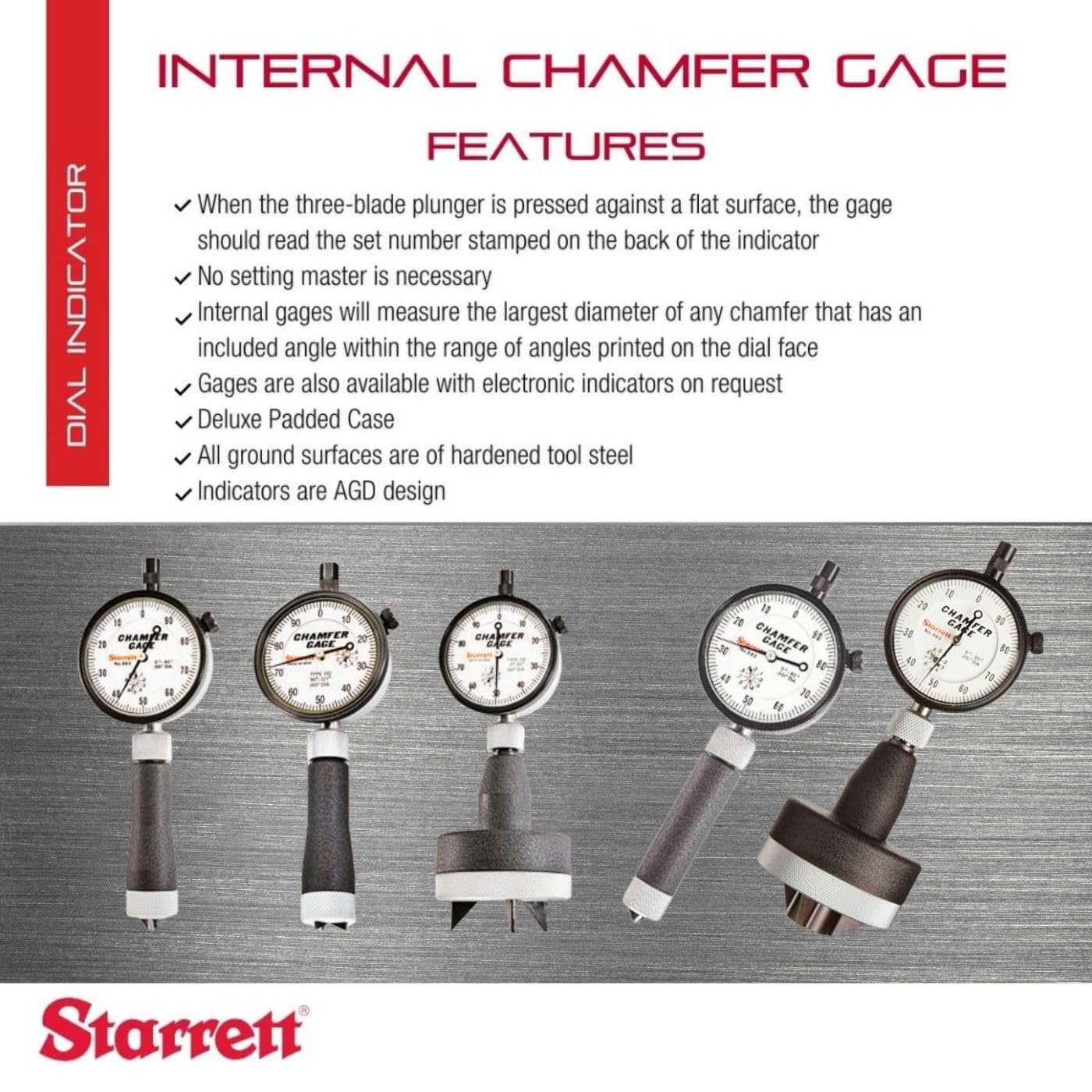 Starrett Inch Reading Dial Indicator Internal Chamfer Gage - 0-3/8" Range, .001" Graduations, 0-90° Angle - 683-1Z