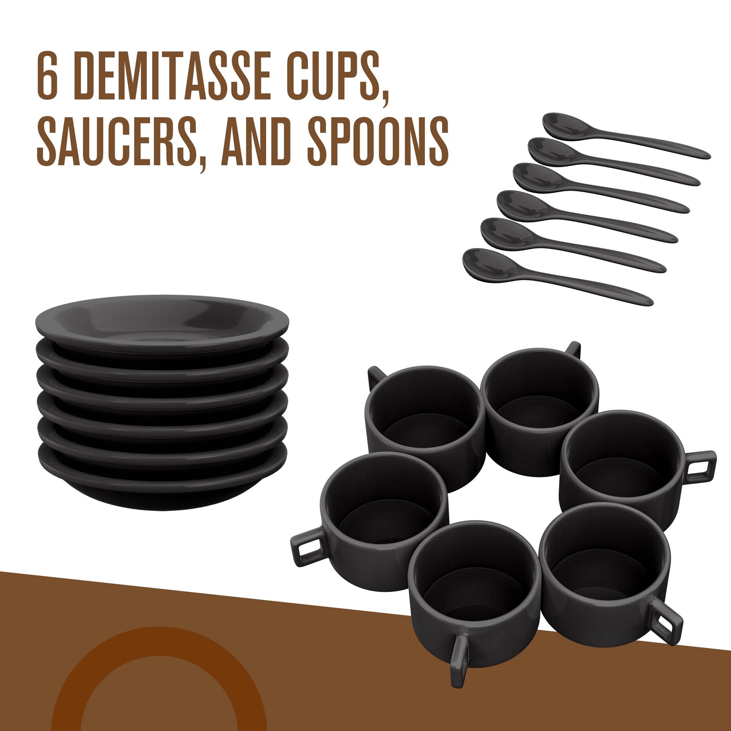 Houseables Espresso Cup Set, Espresso Cups Stackable, Expresso, Demitasse, with Saucers, Stand, Spoons, Coffee Mugs, Juego De Tazas Para Cafe, Porcelain, Stacking, 19 Pieces, Set of 6, 2.5 oz, Black
