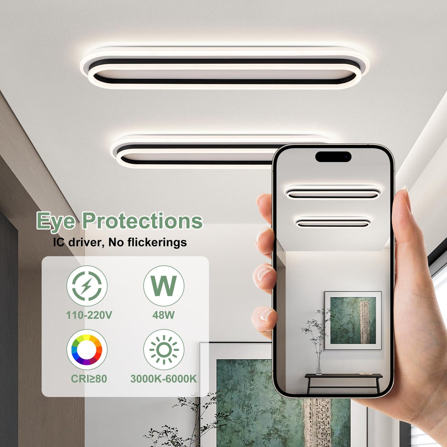 Vloitgol Modern Linear Ceiling Light, 31.5Inch Dimmable LED Flush Mount Ceiling Lamp with Remote Control, Long Kitchen Ceiling Light Fixture for Living Room Dining Room Bedroom Hallway (Black)