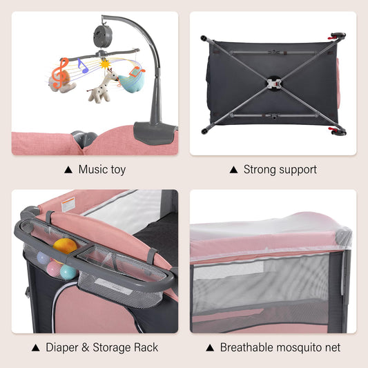 Soobaby 5 in 1 Baby Crib,Baby Bassinet, Bedside Cribs, Pack and Play with Changing Table, Portable Travel bedToys & Music Box,Mattress for Girl Boy Infant Newborn (Pink)