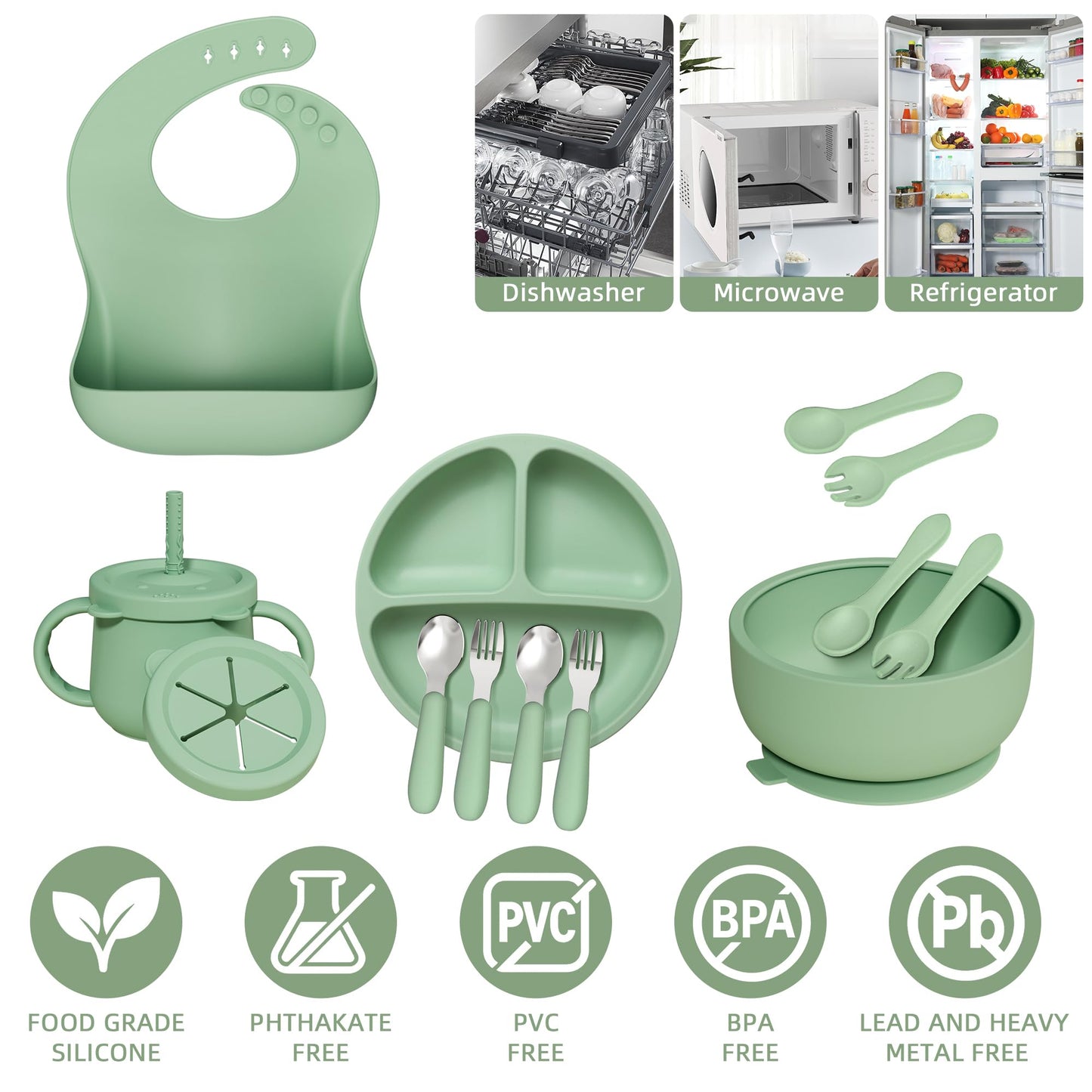 13 Pack Silicone Baby Feeding Set, BPA-Free Baby LED Weaning Supplies, Include Suction Plates, Bowls, Silicone and Stainless Steels Fork & Spoon, First Stage Infant Food Eating Utensils - 6+ Months