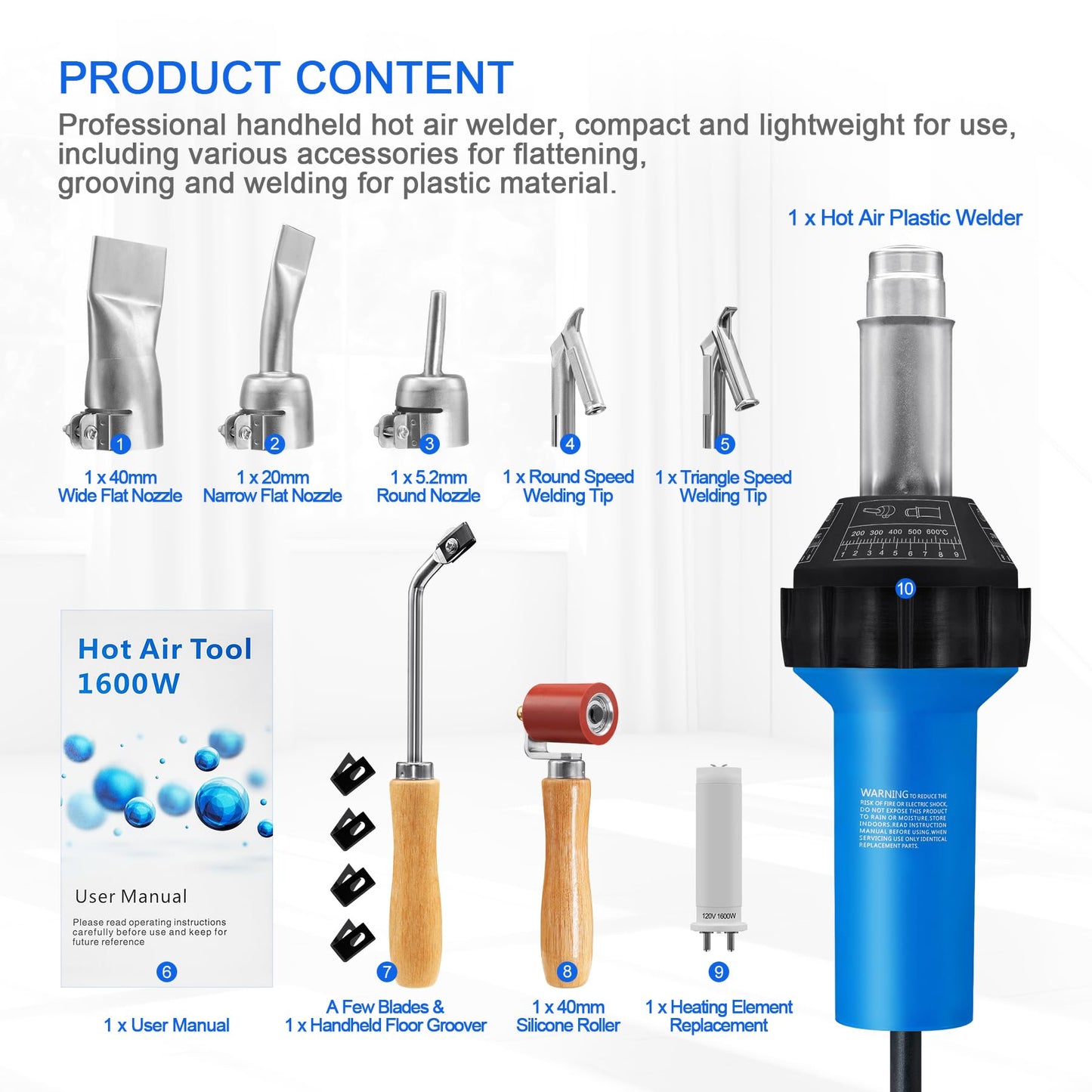 SWIGRANCE Hot Air Plastic Welder 1600W Plastic Welding Roofing Kit 110V, Vinyl PVC TPO Welding Handheld Plastic Hot Air Heat Gun Welding Torch with Various Nozzles