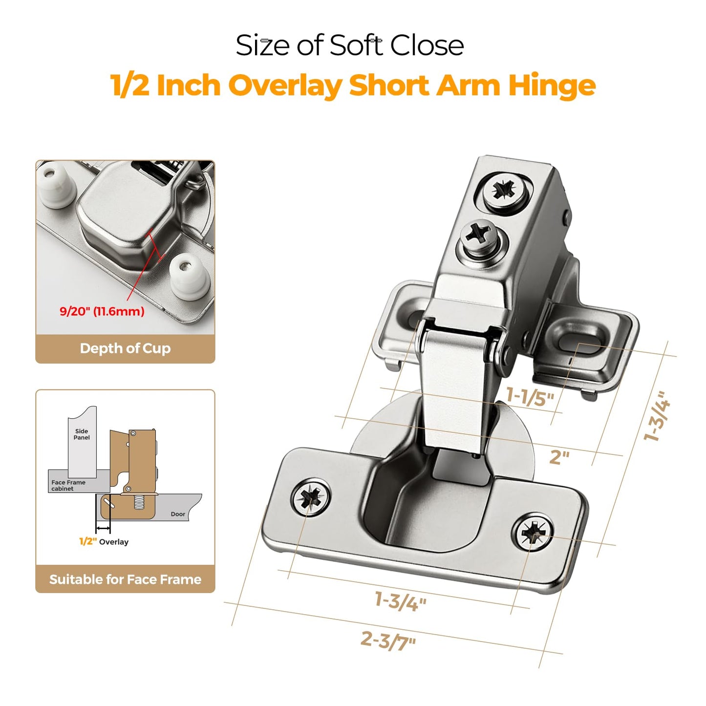 Ravinte 10 Pack 5 Pairs Short Arm Kitchen Cabinet Hinges for 1/2 Inch Overlay Cabinet, Brushed Nickel 105 Degree Opening Angle Hinges, Soft Close Concealed with Mounting Screws for Face Frame Door