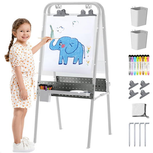 FUNLIO 2-in-1 Outdoor Easel for Kids Ages 3+, Foldable Waterproof & Sunproof Toddler Easel, Double-Sided Kids Art Easel with 2 Acrylic Boards & 20+ Accessories, Portable and Stable - Grey