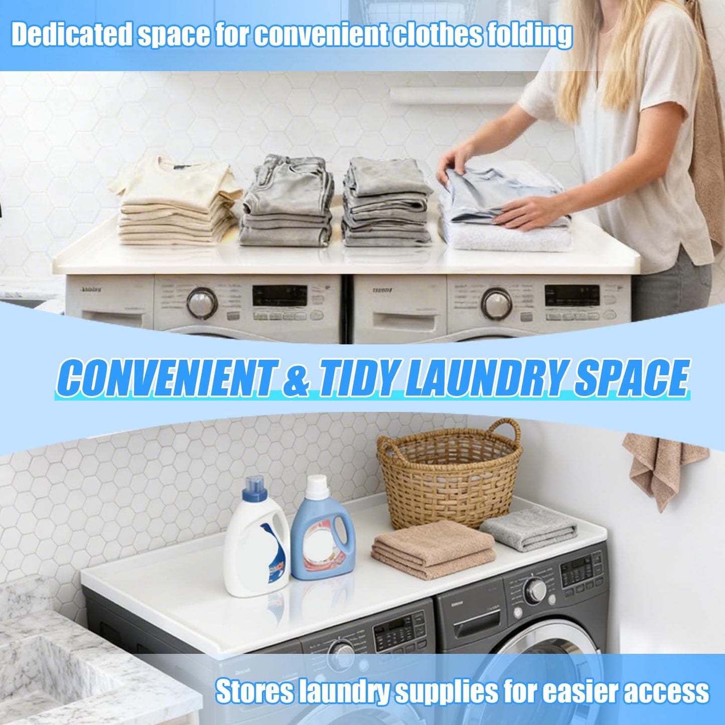 TTSZNB Washer Dryer Countertop, 54 in(L) x 27.5 in(W), Washer Dryer Top Cover, Laundry Countertop for Folding, Sorting and Ironing, Wear-Resistant and Easy to Clean (White)