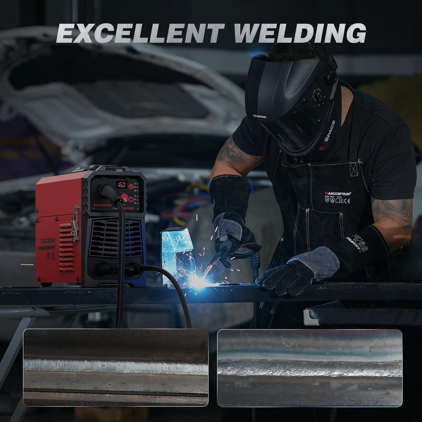 ARCCAPTAIN 160A MIG Welder 110V 220V 4 in 1 Welding Machine Gas MIG, Gasless MIG Flux Core Welder, Lift TIG, MMA Stick Welder, Welder Machine with Synergy for Beginner IGBT Inverter Portable Welder