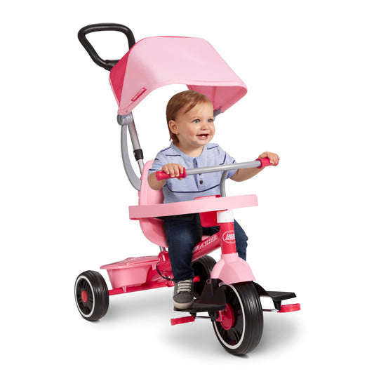 Radio Flyer 4-in-1 Pedal & Push Stroll 'N Trike, Ages 1-5, Toddler Tricycle & Stroller, High-Density Foam Tires, Parent Push Handle, UV Canopy, Removable Tray, Headrest & Seatbelt, Stroller Tricycle
