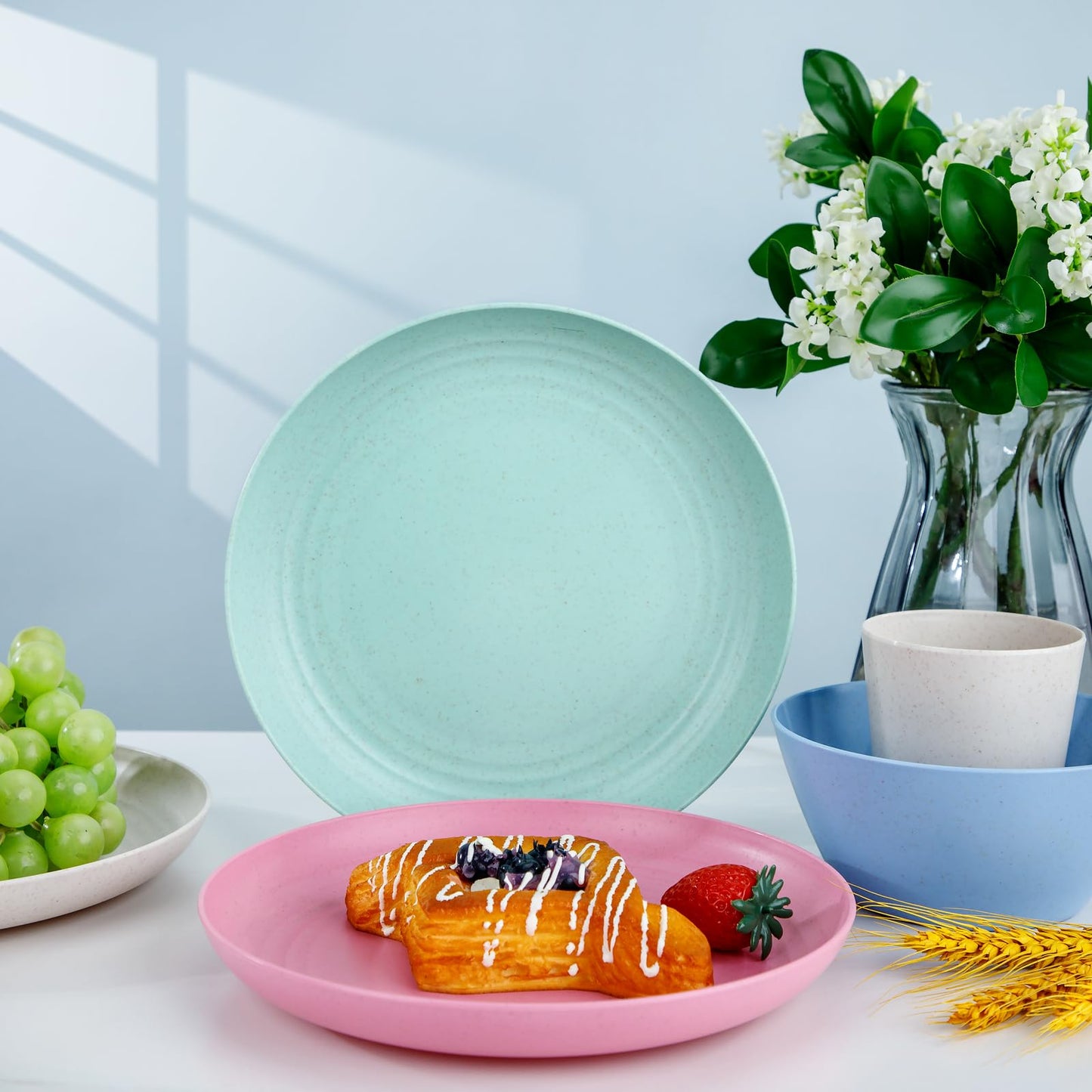 LIYH 36 Pcs Wheat Straw Dinnerware Set for 12,Plastic Plates Reusable,Camping Plates and Bowls Set,Dishwasher Safe Dinnerware,Unbreakable Plate Pink Green Blue Beige