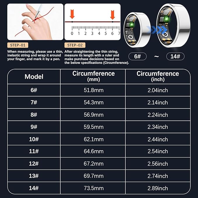 Ring Health Tracker for Women Men, Fit Ring with Heart Rate, Blood Oxygen, Sleep Monitor, Calories, Step Counter, IP68 Waterproof Smart Ring for iPhone & Android, No Subscription Fee (Silver, 13#)