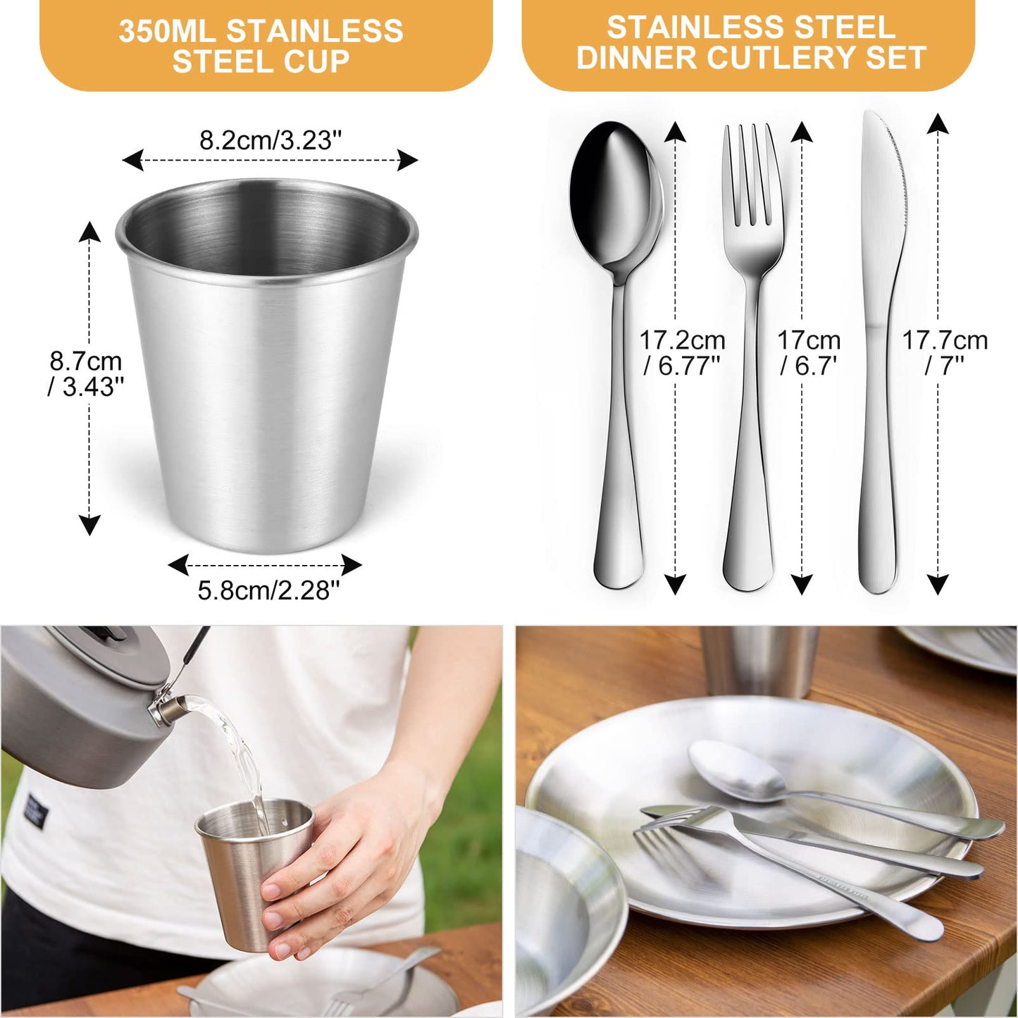 Odoland Stainless Steel Camping Mess Kit for Family & 2 Person, Cooking Tableware Utensils with Plates Bowls Forks Spoons Knives & Savings Bag for Camping, Backpacking, Hiking, Picnic, 2 Person Set
