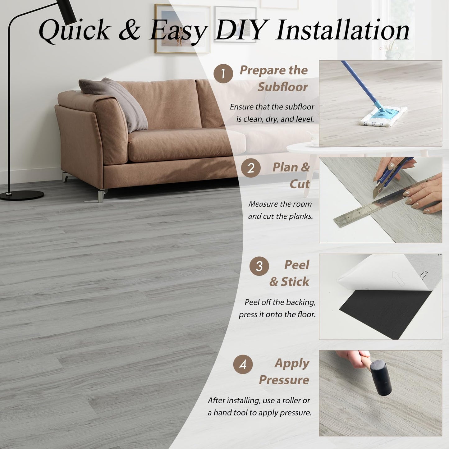 Mysflosy Peel & Stick Floor Tile, 36-Pack 54 Sq.Ft Waterproof Luxury Vinyl Flooring Self-Adhesive, Wood-Look Vinyl Planks for DIY Installation