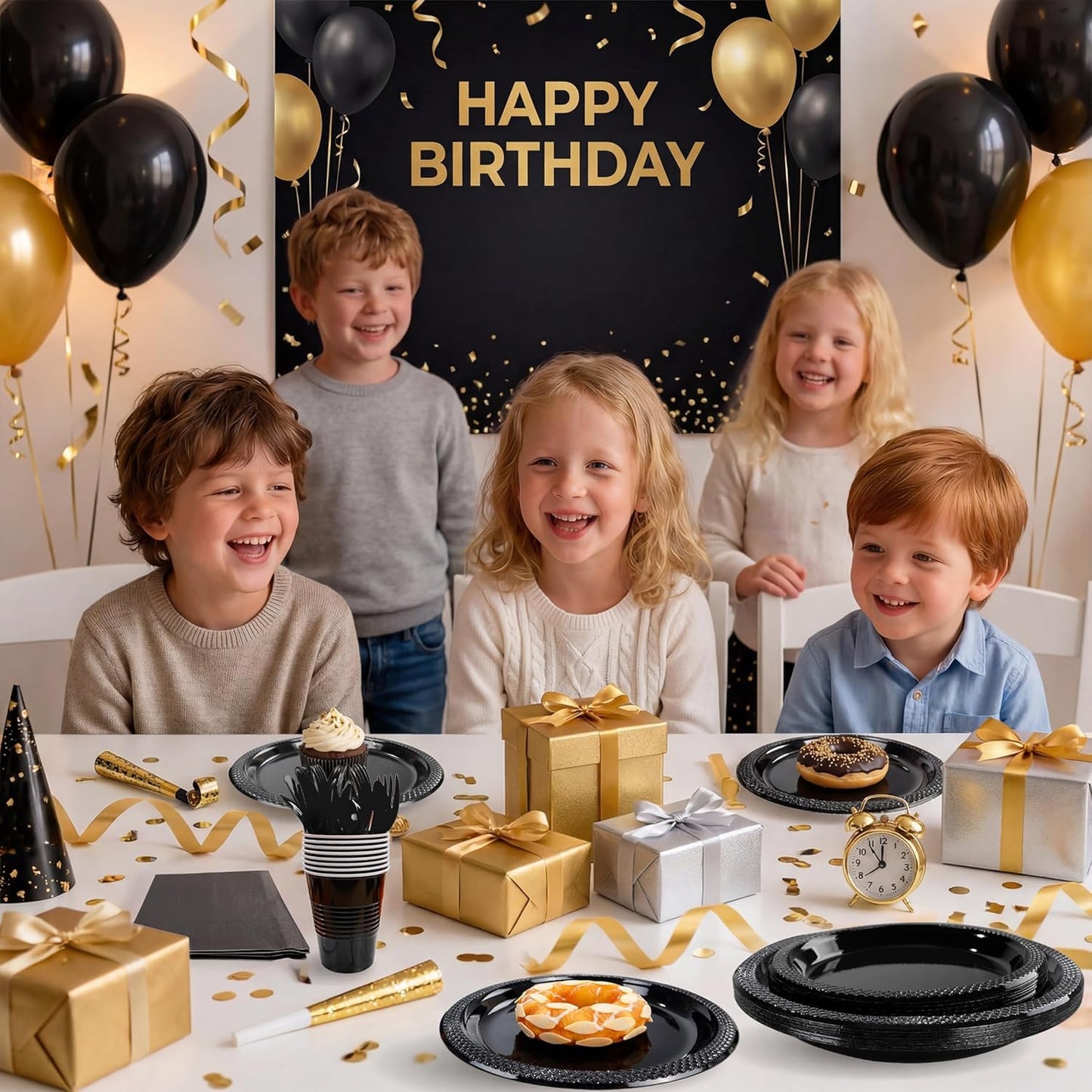 MirthMood 350PCS Black Disposable Plates,Black Plates,Plastic Party Supplies, Includes 50 Dinner Plates, 50 Salad Plates, 50 Silverware, 50 Napkins and 50 12OZ Cups for Wedding & Birthday & Party