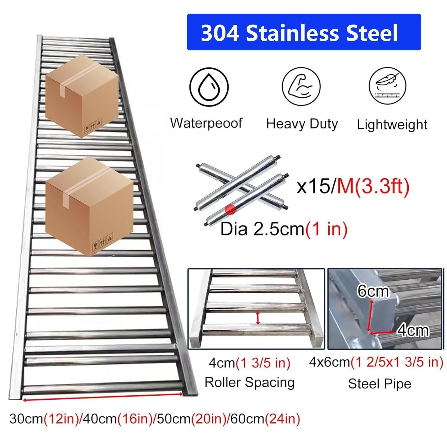 Heavy-Duty Portable Roller Conveyor Table, 30/40/50/60cm Width, 330lbs Stainless Steel Frame, Foldable Flow Rail for Warehouse Freight Handling, 8m/26ft Assembly Line