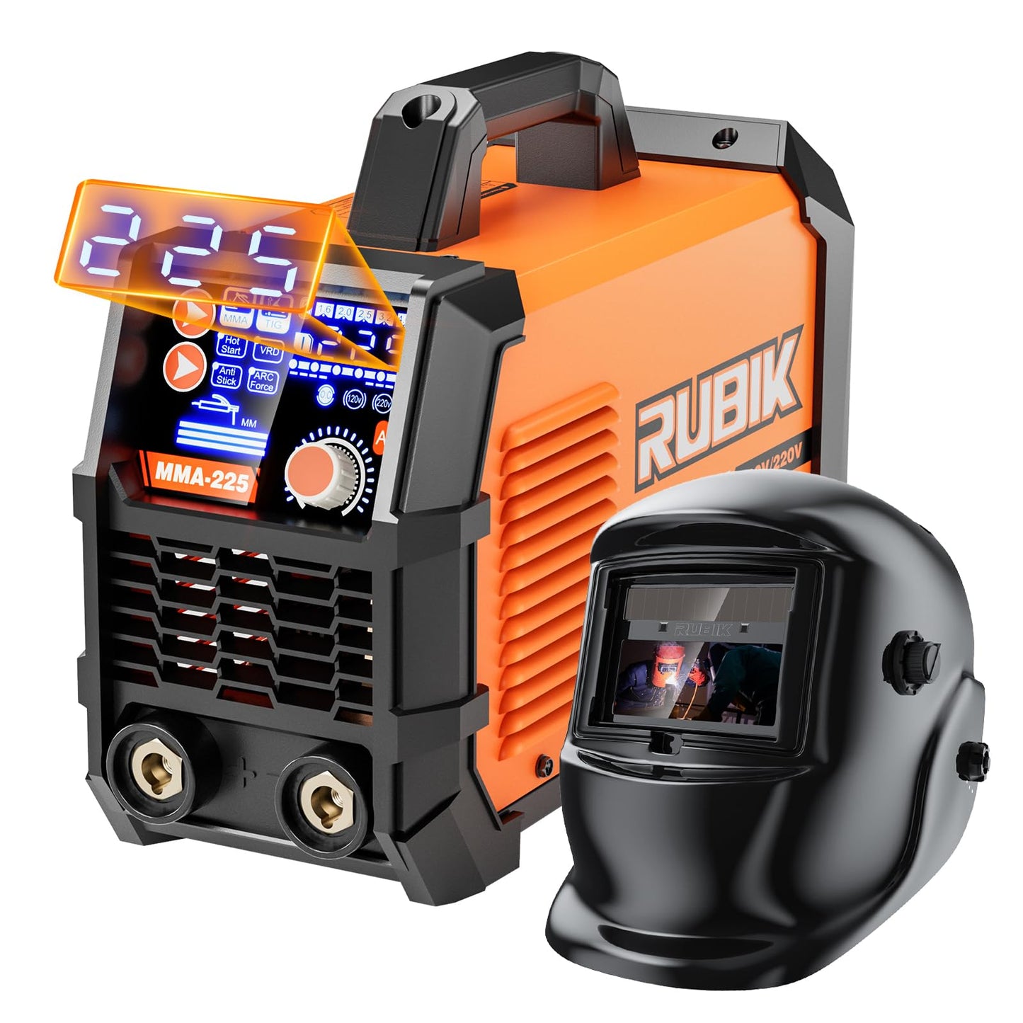 Rubik Stick Welder, ARC MMA 225Amp Electric Welding Machine, IGBT Digital Dispaly LCD 110V/220V Hot Start 2 in 1 Portable Welder Machine with Welding Helmet