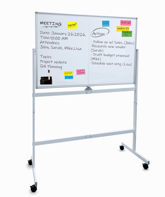 A AIRLLEN Rolling Whiteboard - 48x32 Double Sided Magnetic Dry Erase Board with One-Click Flip Button, Mobile Standing White Board for Teaching, Brainstorming & Office Presentations