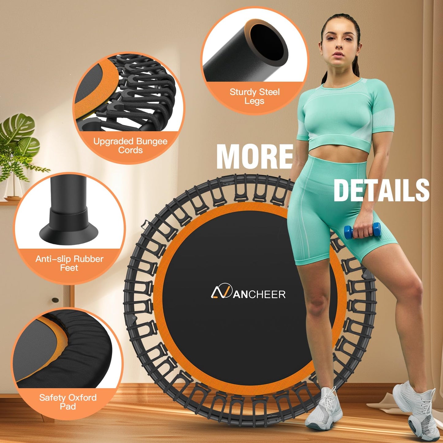 ANCHEER 48" Foldable Mini Trampolines - Max Load 350lbs - 450lbs Indoor Exercise Equipment - with 4 Level Adjustable Foam Handle and Resistance Bands - Adult Exercise Rebounder Trampolines for Home