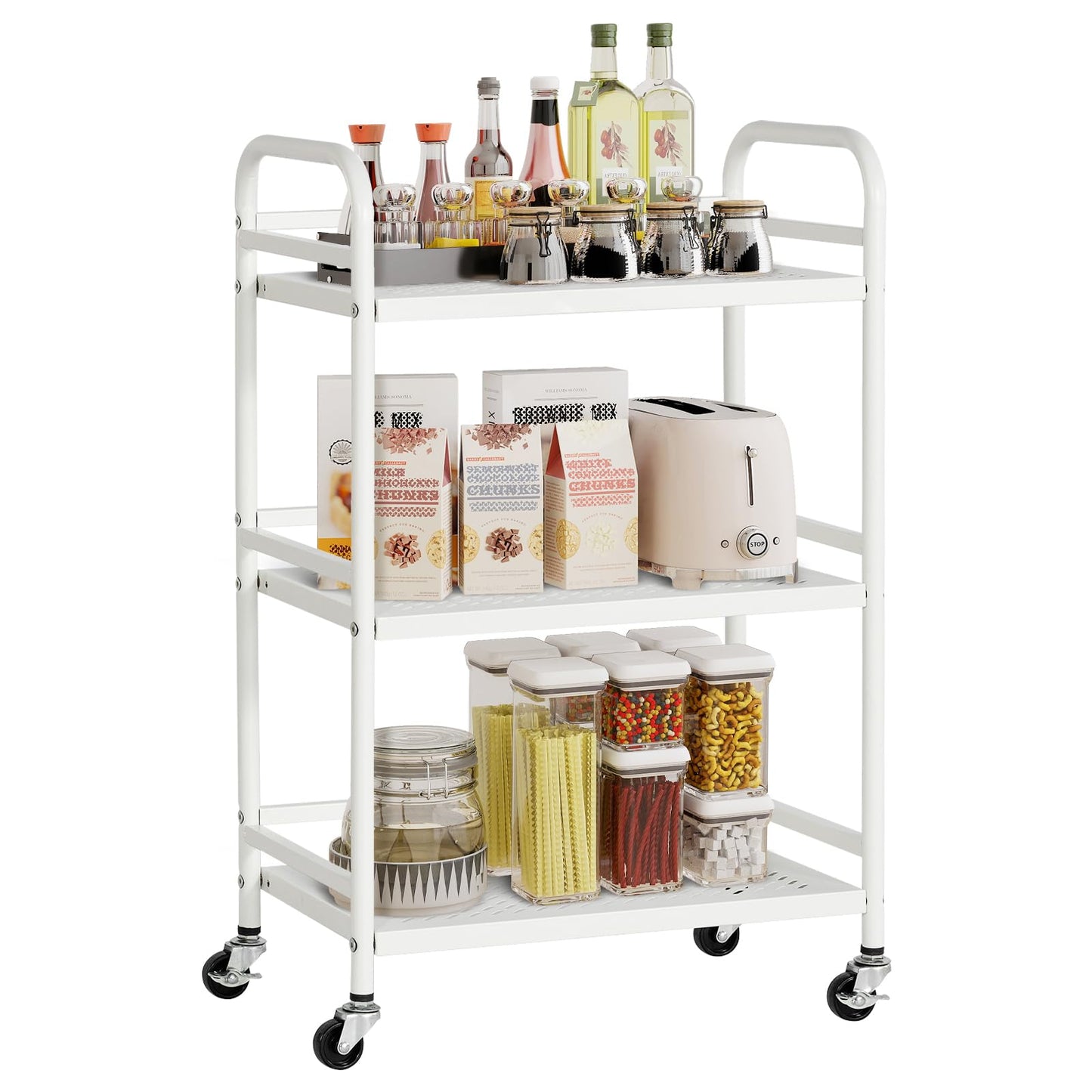 HDANI 3 Tier Rolling Cart,Heavy Duty Multifunctional Metal Frame-Supports 22 Lbs Per Tier,Rolling Cart with 2 Lockable Wheels for Office,Home,Bedroom,Kitchen,Bathroom (White)…