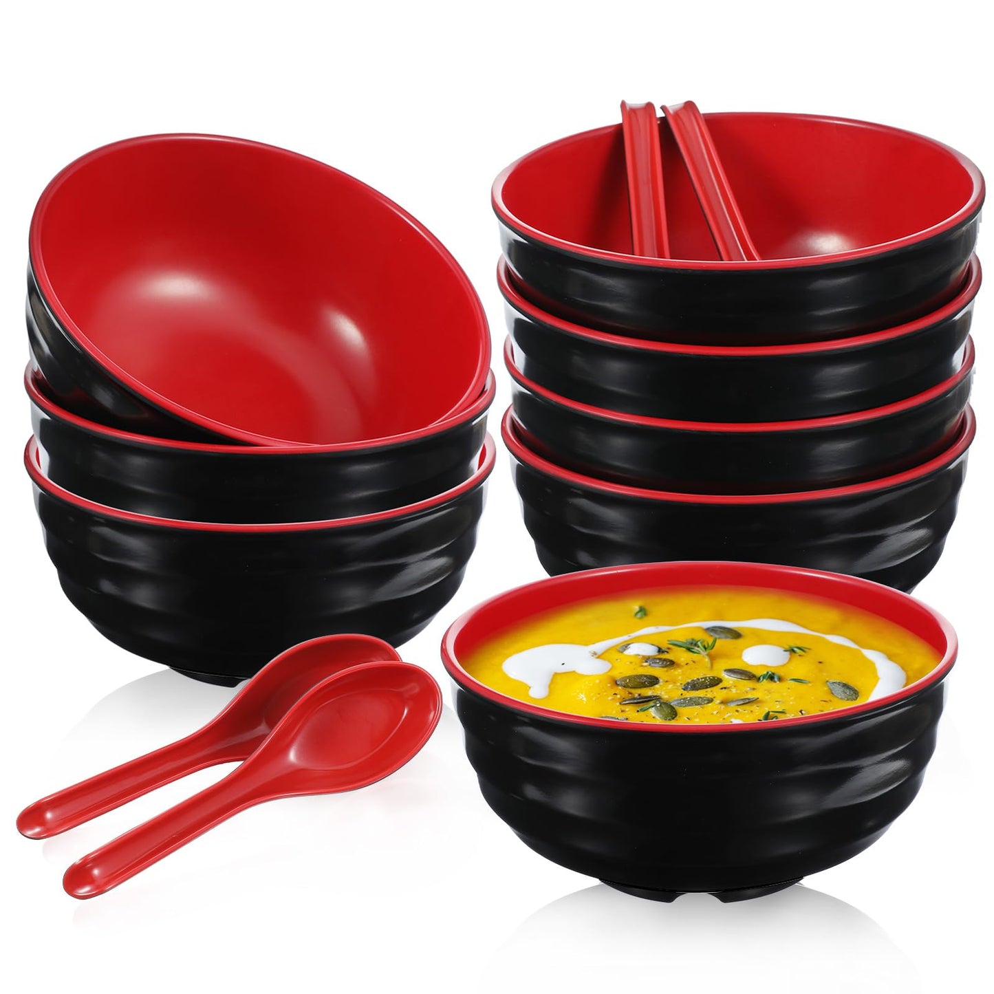 wutfuooo 8 Pack Melamine Noodle Soup Bowls, 32OZ Large Japanese Ramen Bowl Set with Spoon, Unbreakable Miso Soup Cereal Bowls for Ramen, Udon, Soba, Pho and Soup