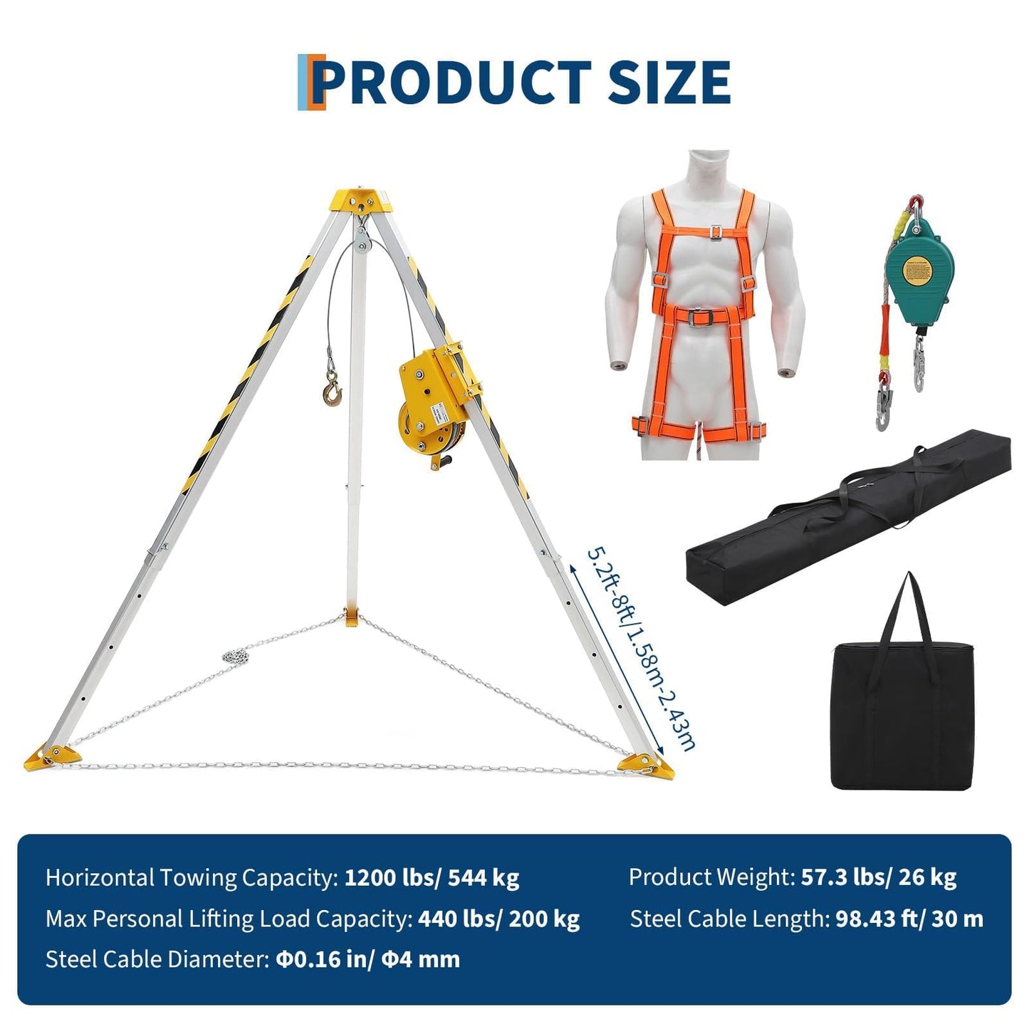 Confined Space Tripod Kit with 1200 Lb Winch, 8 Ft Adjustable Tripod Stand, 98 in Steel Cable, 440 Lb Load Capacity, Rescue & Fall Protection System, Storage Bag for Traditional Confined Spaces