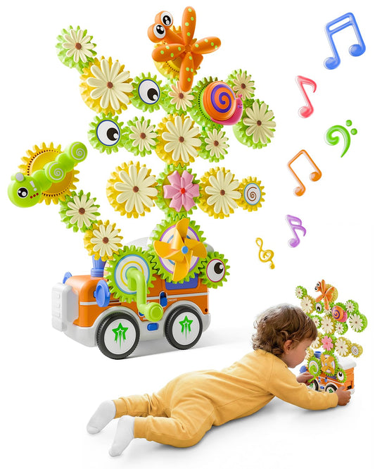 LIGHTDESIRE Montessori Toys for Toddlers 3 4 5 6 Years Old,Musical Baby Toy Train Electric Rotating Gear Flower Building Toddler Learning Toys,Stem Toy DIY Assembly Birthday Gifts Baby Boy Girl,Orange
