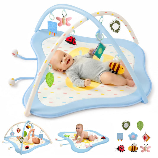 Pamo Babe Baby Play Gym & Activity Mat, Tummy Time Mat with 8 Montessori Toys, Non-slip Foldable Baby Playmat for Stage-Based Development, Machine Washable Baby Gym Play Mat for Newborn Essential Gift