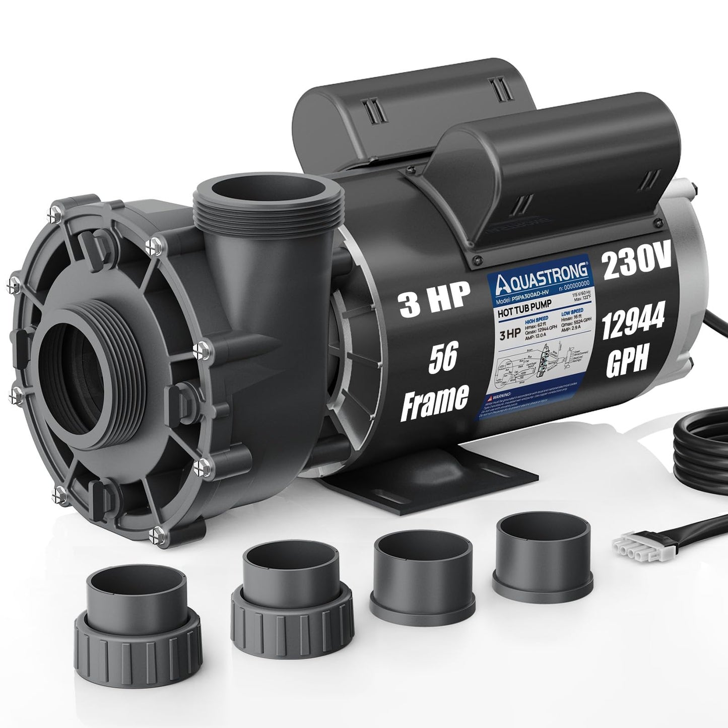 Aquastrong SPA Pump, Dual Speed Hot Tub Pump, Pure Copper Motor, Low Noise, Easy Installation with 1.5" & 2" Adapters, 90° Rotating Inlet & Outlet, Compatible with Hot Tubs & Spa Systems, Light Grey