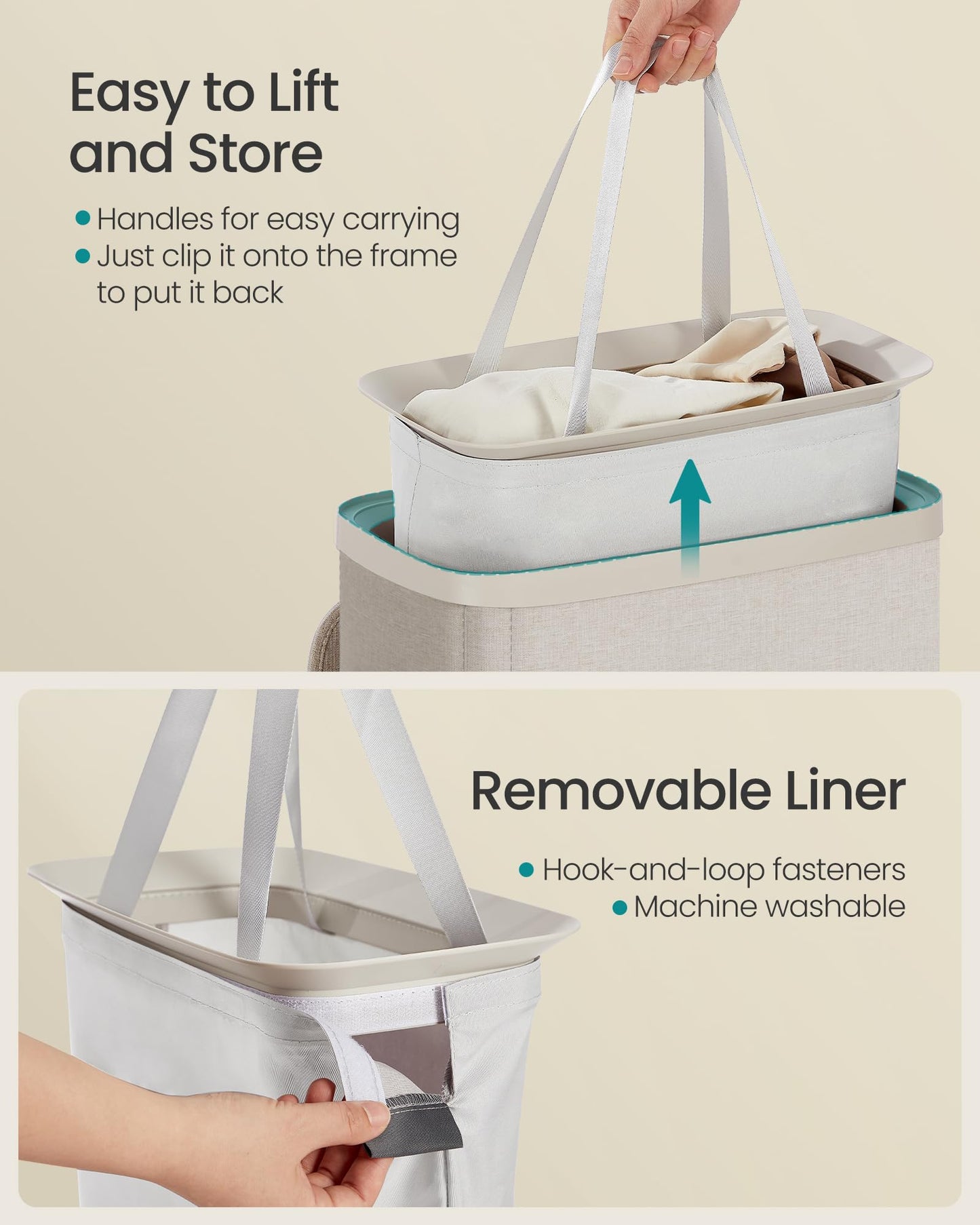 SONGMICS Laundry Basket, 17.2 Gal. Laundry Hamper, Easy Assembly, with Lid and Handles, Removable Liner, 15.4 x 8.7 x 29.5 Inches, Cappuccino Beige ULCB810LH01