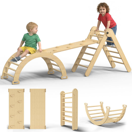 CMFYDAILY Large Pikler Triangle Set, 7-in-1 Toddler Climbing Toys Indoor, Wooden Montessori Climbing Set with Arch Ramp Ladder, Foldable Baby Jungle Gym Playground (Wood Natural)