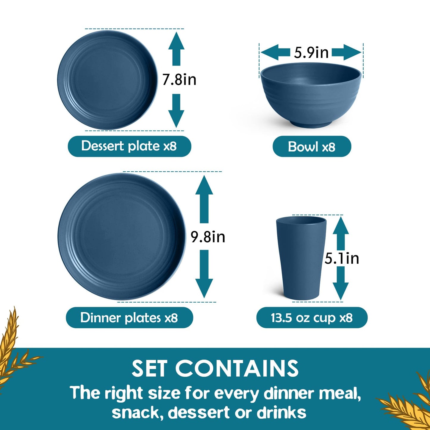 Teivio 32-Piece Kitchen Plastic Wheat Straw Dinnerware Set, Service for 8, Dinner Plates, Dessert Plate, Cereal Bowls, Cups, Unbreakable Colorful Plastic Outdoor Camping Dishes, Autumn Blue