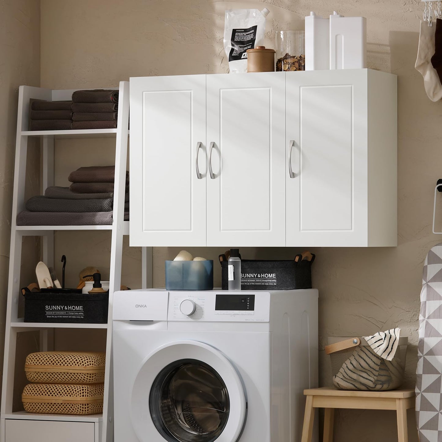 Haotian Wall Cabinet for Laundry Room, Wall Storage Medicine Cabinet for Bathroom Kitchen Garage, Linen Tower Bath Cabinet with Shelf, White FRG231-L-W