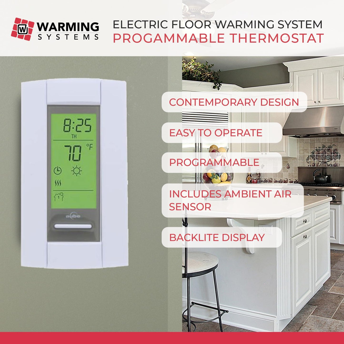 Warming Systems 80 Sqft Electric Radiant Floor Heating Mat – 120V Heated Tile Floor System with Programmable Thermostat (TH115), Floor Sensor, Installation Monitor & 25 Year Warranty, USA Made