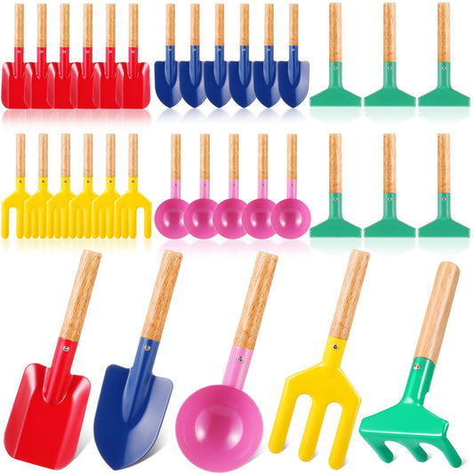 Motionchic 30 Pcs Children Beach Sand Toys Kids Gardening Tools Set Metal Including Shovel, Rake, Fork and Trowel, Summer Beach Sandbox Digging Toys for Kid with Wooden Handle Hoe Outdoor Gift