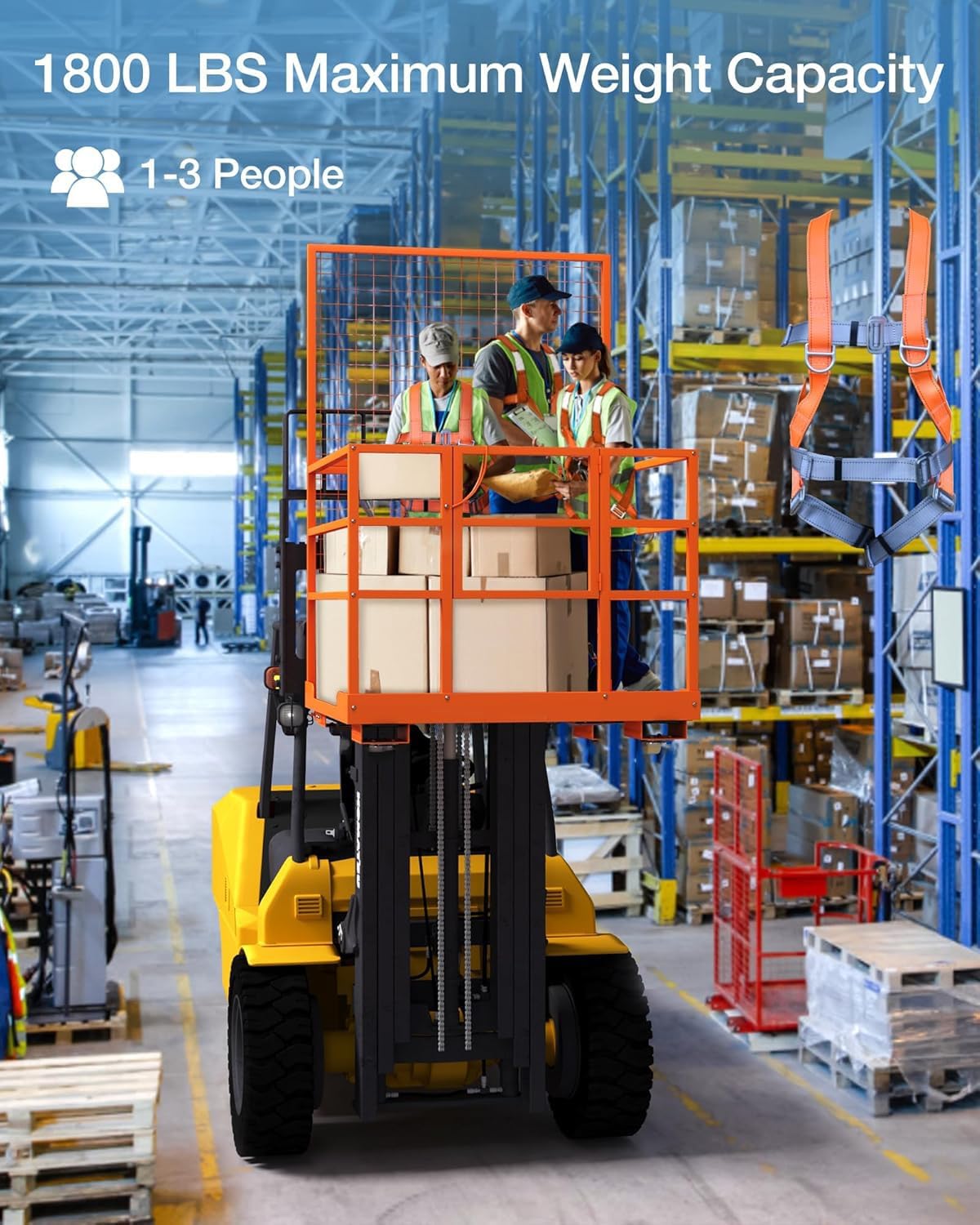 43"x45" Collapsible Forklift Safety Cage, 1800LBS 2-Man Forklift Man Basket Work Platform with Safety Harness & Lock, Forklifts Aerial Lift Basket for Lifting Loader
