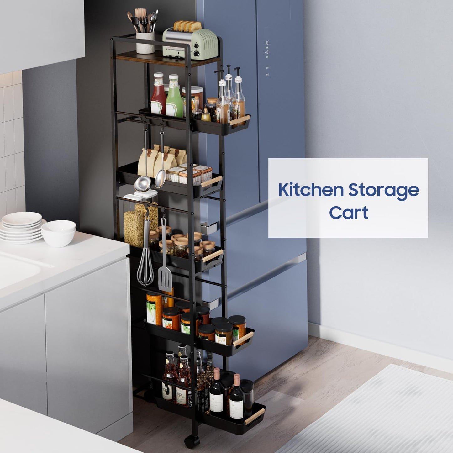 MAYBOSS 6 Tier Slim Storage Cart with Pull-Out Baskets Rolling Cart with Wheels Wood Top Narrow Utility Cart Metal Shelving Units for Pantry Laundry Room Bathroom Kitchen Black 8in(W)