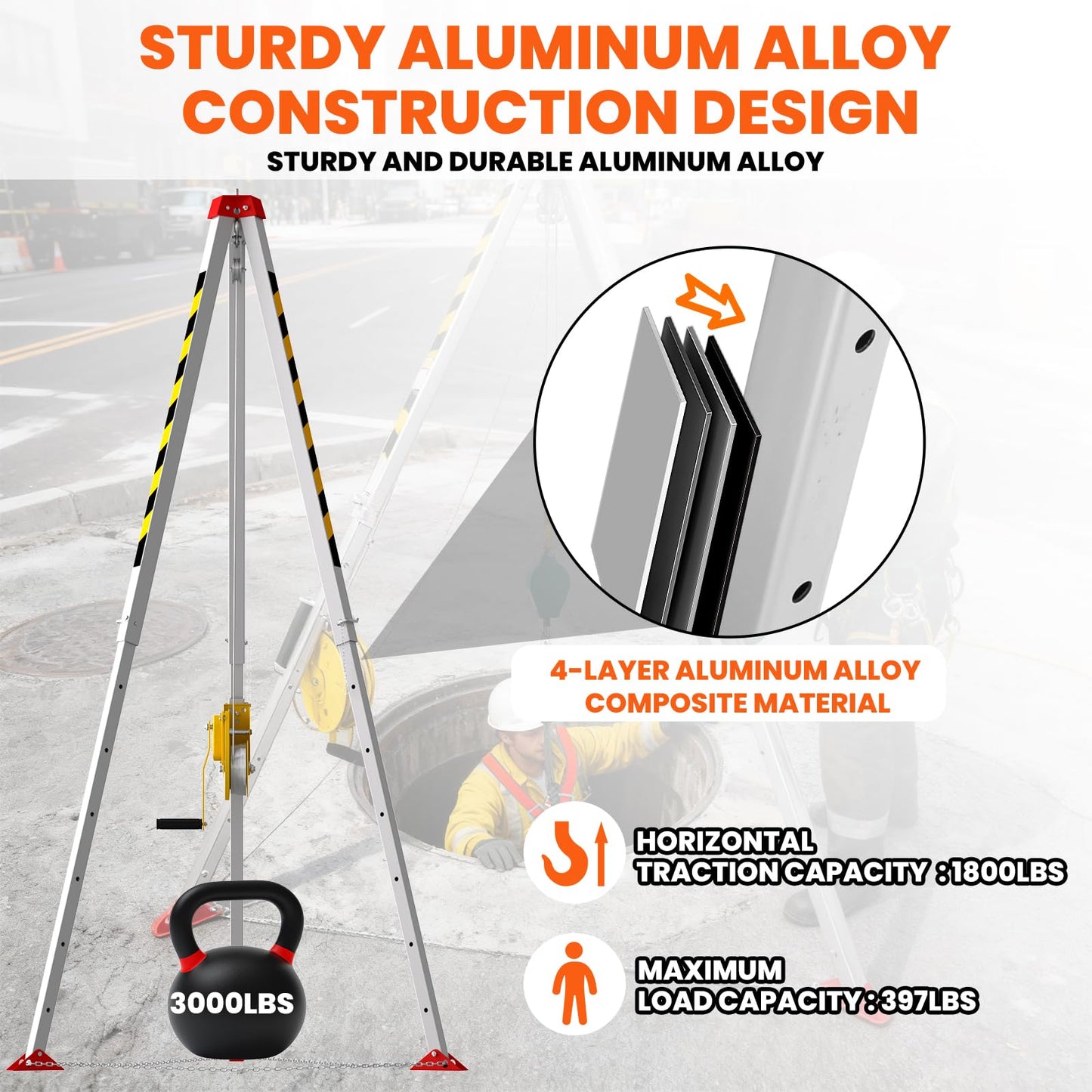 Confined Space Tripod Kit, 3000 Lbs Winch, Steel Confined Space Rescue Tripod with Adjustable 7' Legs & 98' Cable, 33' Fall Protection/Harness/8' Protection Chain, Safety Self-Locking Device