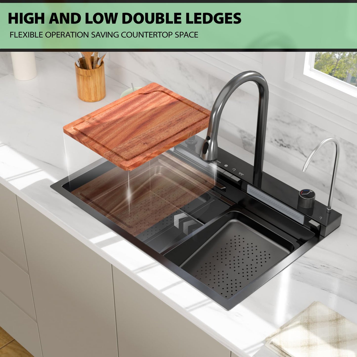 30 Inch Waterfall Kitchen Sink - Beslend 30x19 Drop In Waterfall Sink Nano Black Workstation Smart Sinks 16 Gauge Stainless Steel Single Bowl Black Basin with Faucet Combo