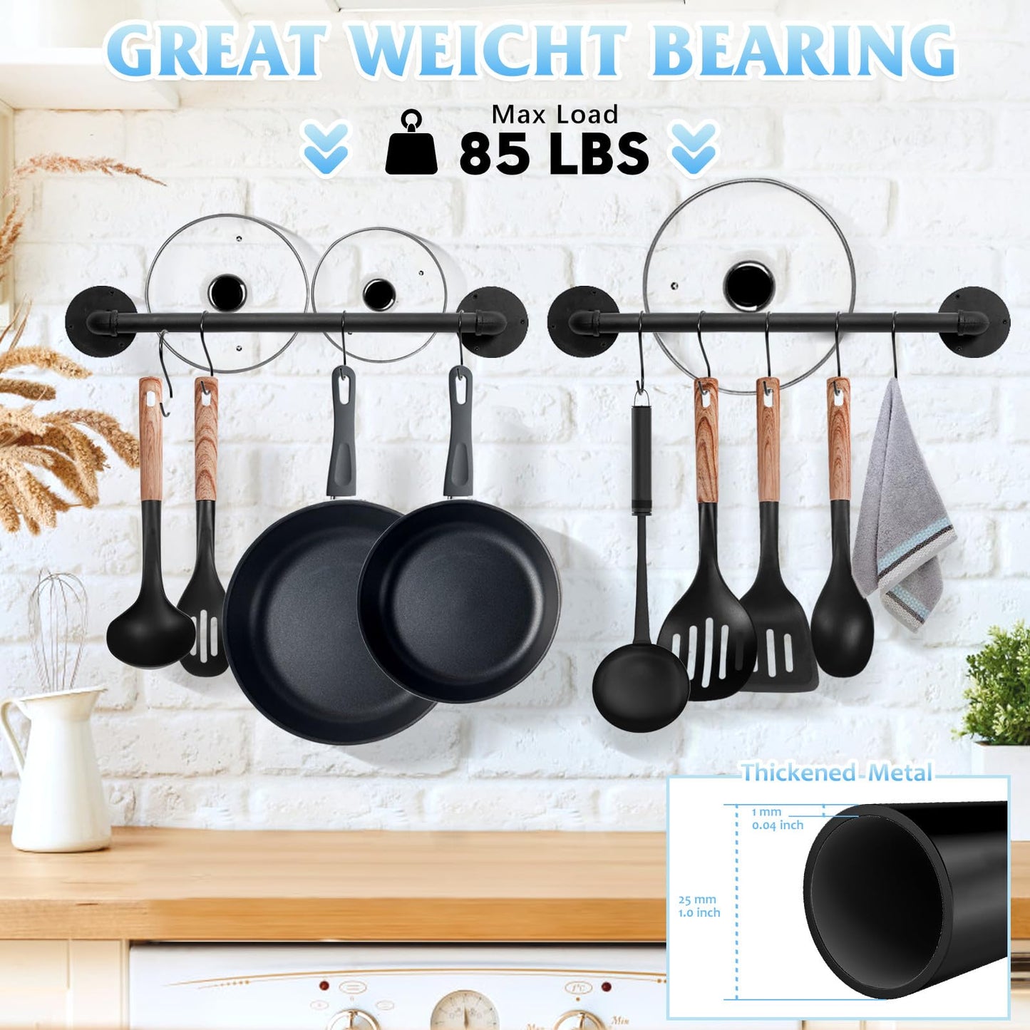 Boshangjia 16 inch Pot Rack Wall Mounted Set of 2, Pan Hangers for Kitchen, Iron Detachable Storage Organizer, Industrial Pipe Lids Holder Utensils Hanging Rail with 8 S Hooks