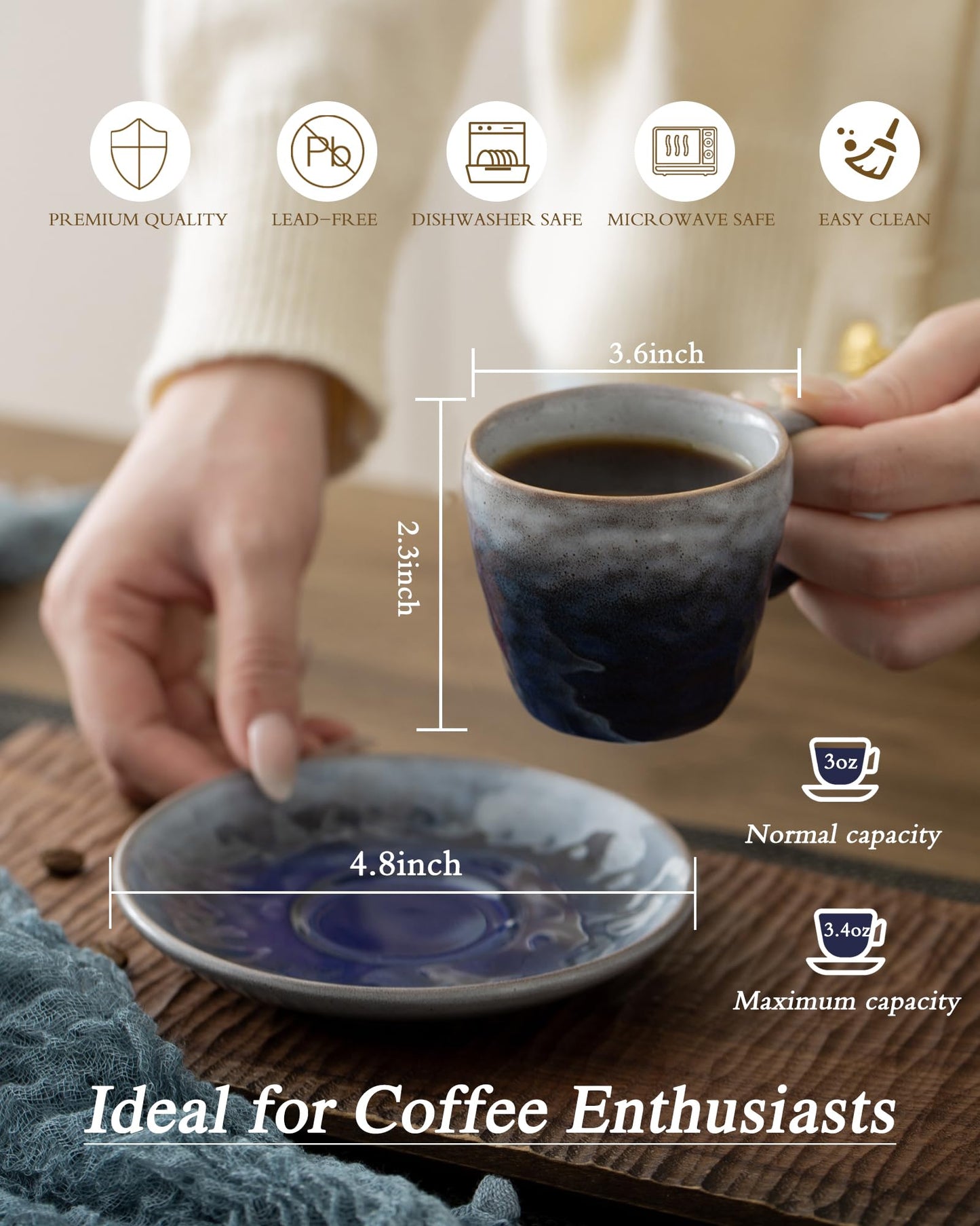 BOILMERIT 3 oz Espresso Cups Set of 4, Mini Italian Double Espresso Coffee Cup, Vintage Small Ceramic Demitasse Cups with Saucer for Lungo Coffee, Blue